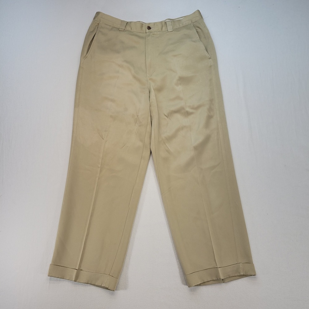 Tommy Bahama Silk Pants Mens 34x27 Tan Khaki Twill Cuffed Flat Front